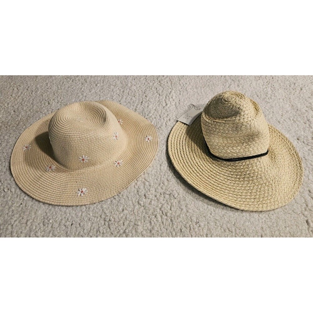 NWT Lot of 2 OS A New Day Womens Straw Sun Hats Daisy Embroidered Floppy